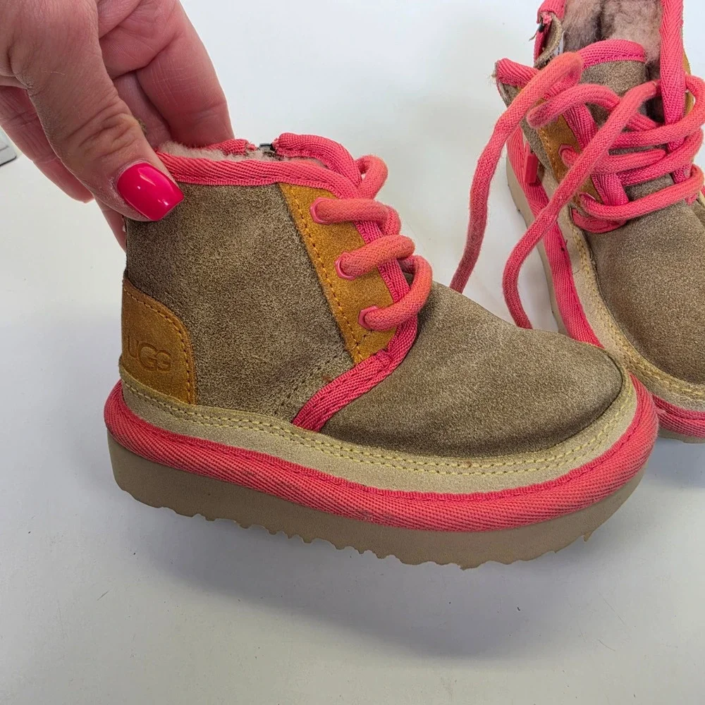 UGG Neumel II Toddler 6C Brown Pink Suede Shearling Lace Up Ankle Boots